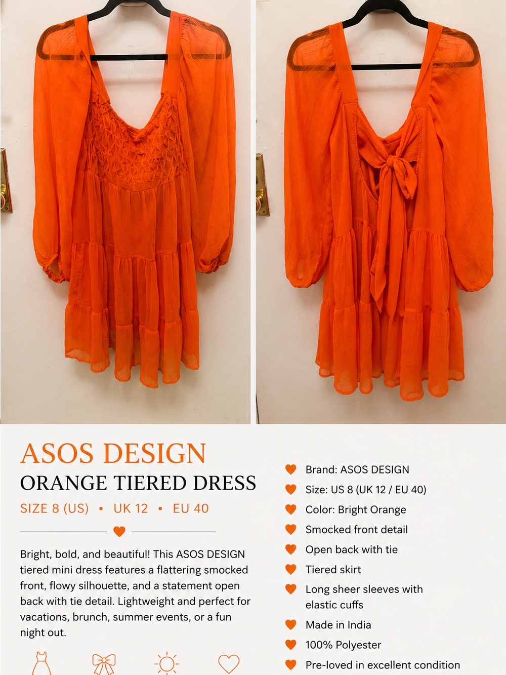 ASOS Orange Tiered Mini Dress with Open Back Tie - Picture 7 of 7